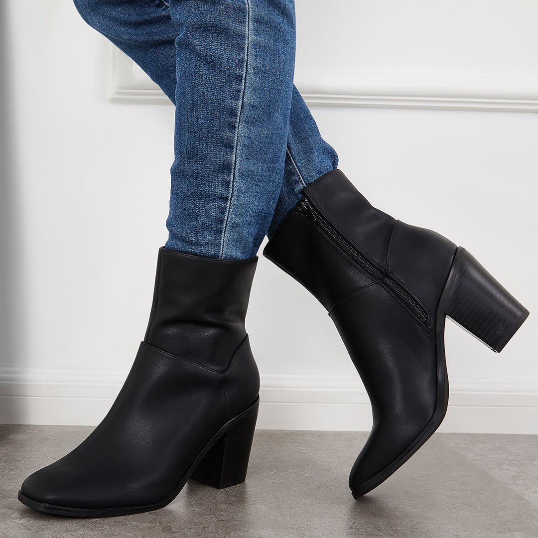 Women Square Toe Ankle Boots Chunky Heel Side Zipper Booties