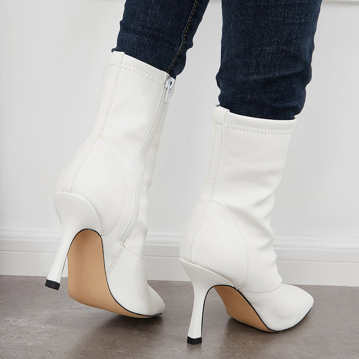 Square Toe Mid Calf Booties Stiletto Heels Zipper Ankle Boots