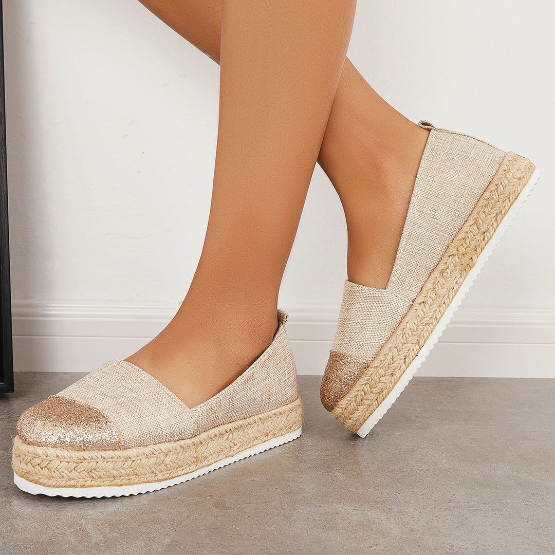 Casual Two Tone Espadrille Platform Heel Loafers Walking Shoes