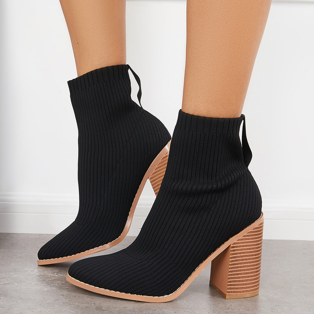 Stretchy Knit Sock Boots Pointed Toe Chunky Stacked Heel Booties