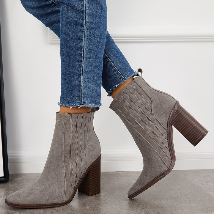 Pointed Toe Chunky High Heel Ankle Boots Slip On Chelsea Booties