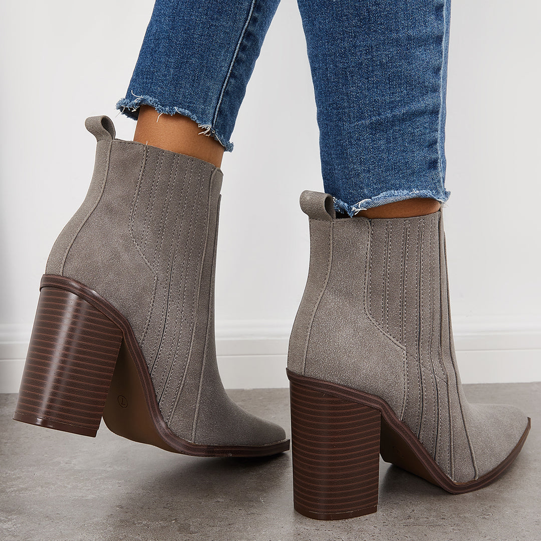 Pointed Toe Chunky High Heel Ankle Boots Slip On Chelsea Booties