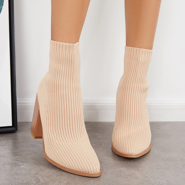 Stretchy Knit Sock Boots Pointed Toe Chunky Stacked Heel Booties