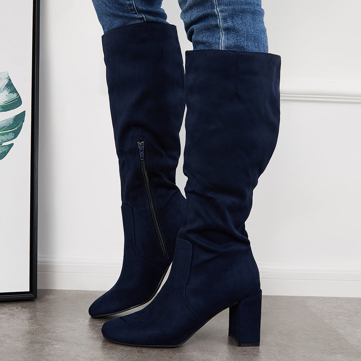 Square Toe Knee High Boots Suede Chunky Block Heel Riding Boots