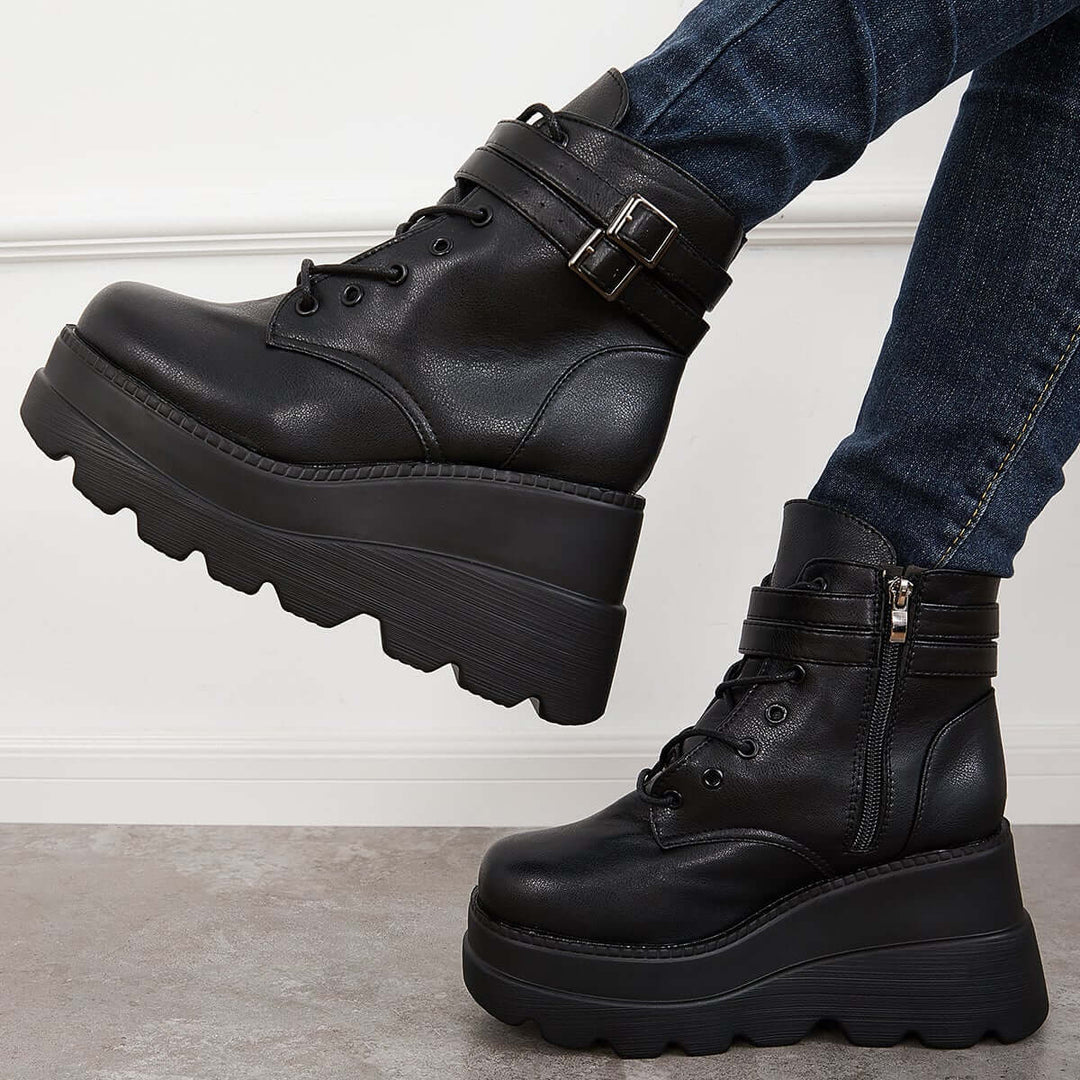 Goth Chunky Platform Heel Ankle Boots Punk Zipper Booties