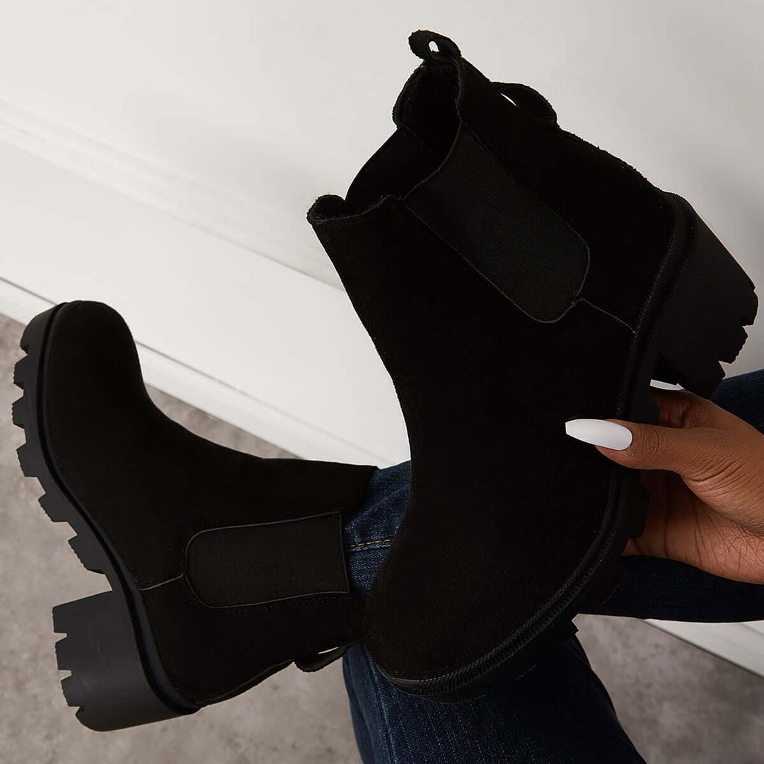 Black Chelsea Lug Sole Ankle Boots Pull On Low Heel Booties
