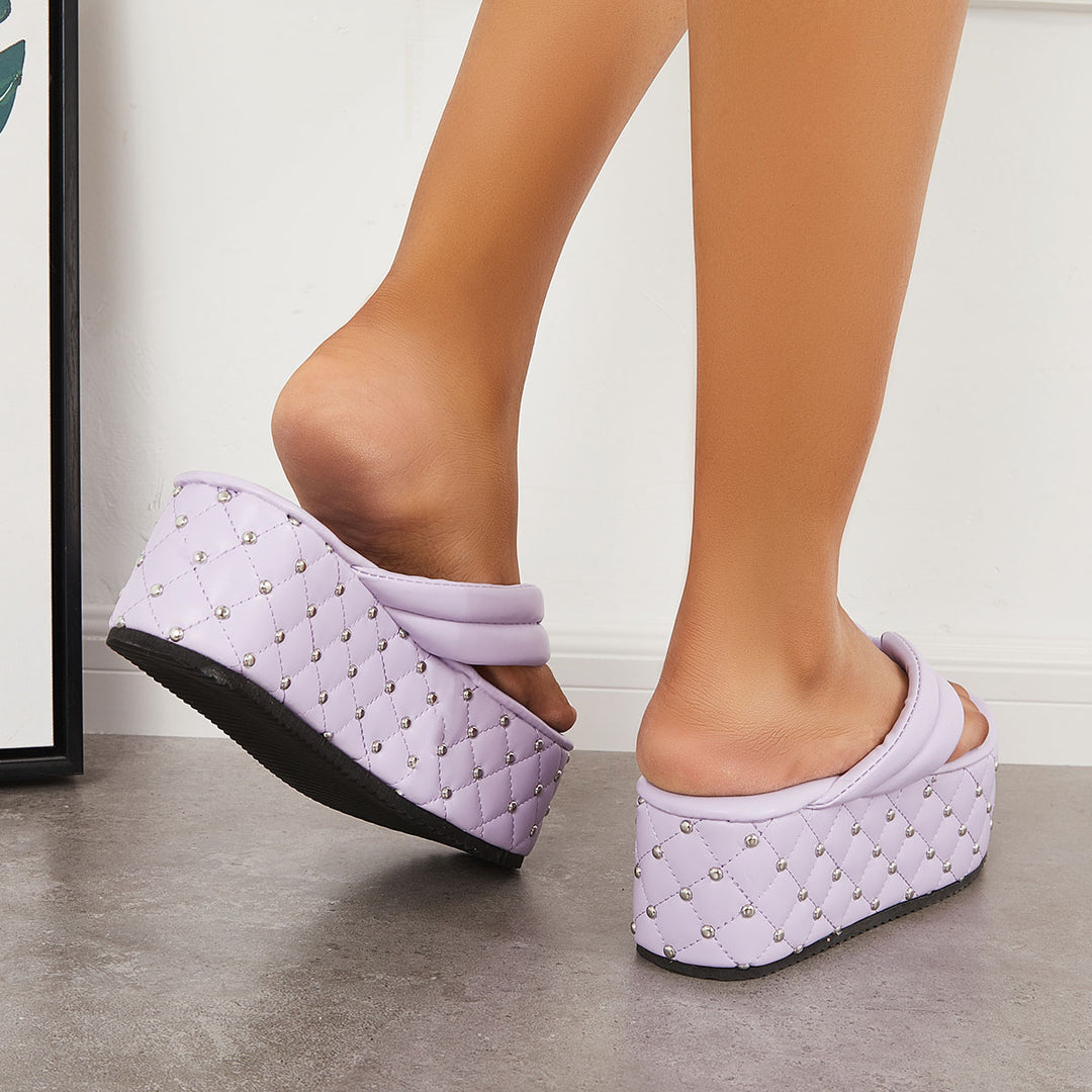 Rivet Platform Heel Flip Flops Sandals Solid Color Slippers