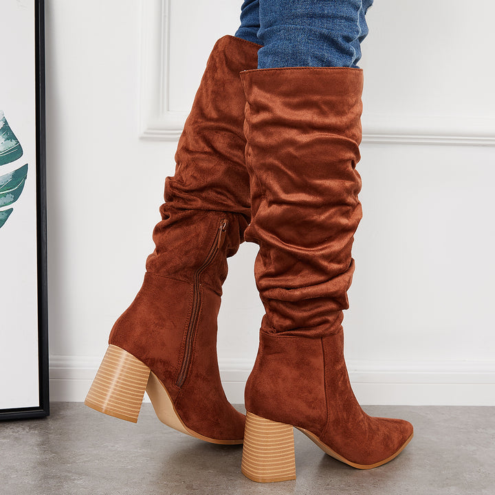 Slouchy Ruched Knee High Boots Chunky Block Heel Tall Boots
