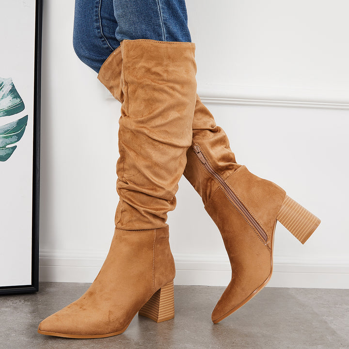 Slouchy Ruched Knee High Boots Chunky Block Heel Tall Boots