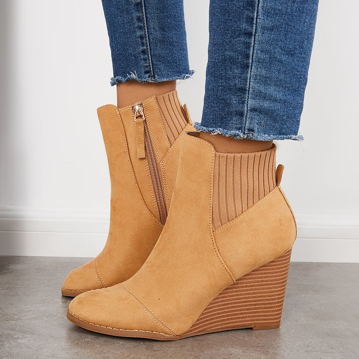 Women Wedge Ankle Boots Round Toe Stacked High Heel Booties