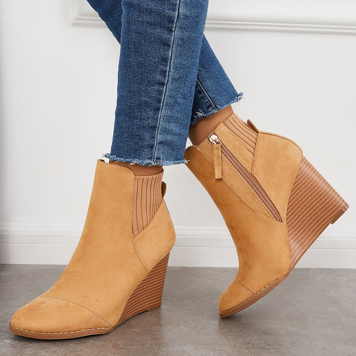 Women Wedge Ankle Boots Round Toe Stacked High Heel Booties