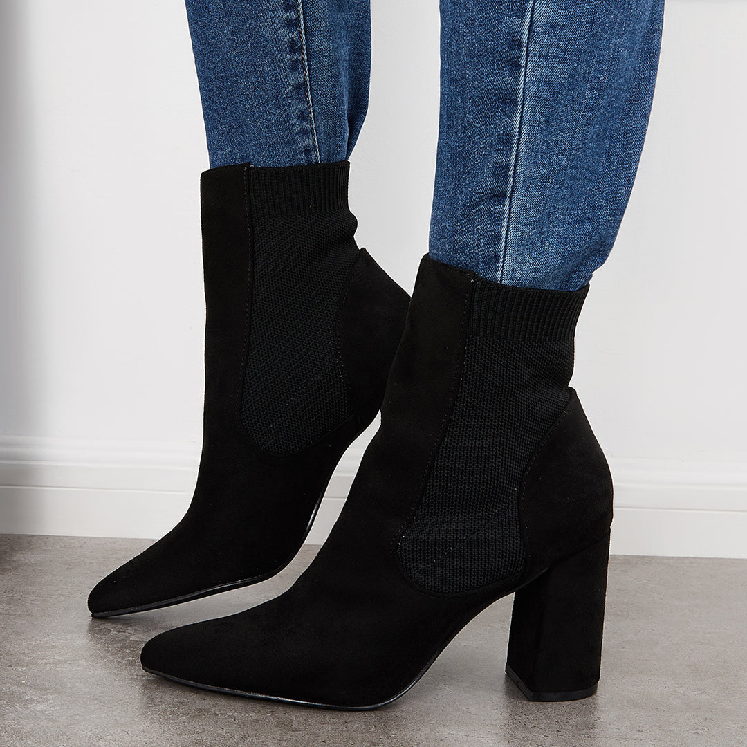 Chunky Block High Heel Ankle Boots Cowboy Western Suede Booties