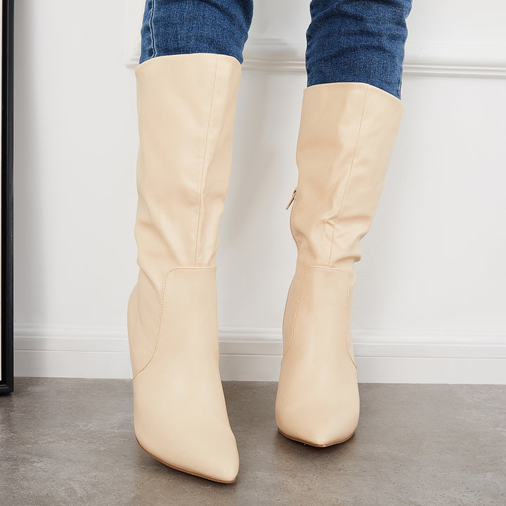 Women Mid Calf Boots Pointed Toe Stiletto Heel Dress Booties