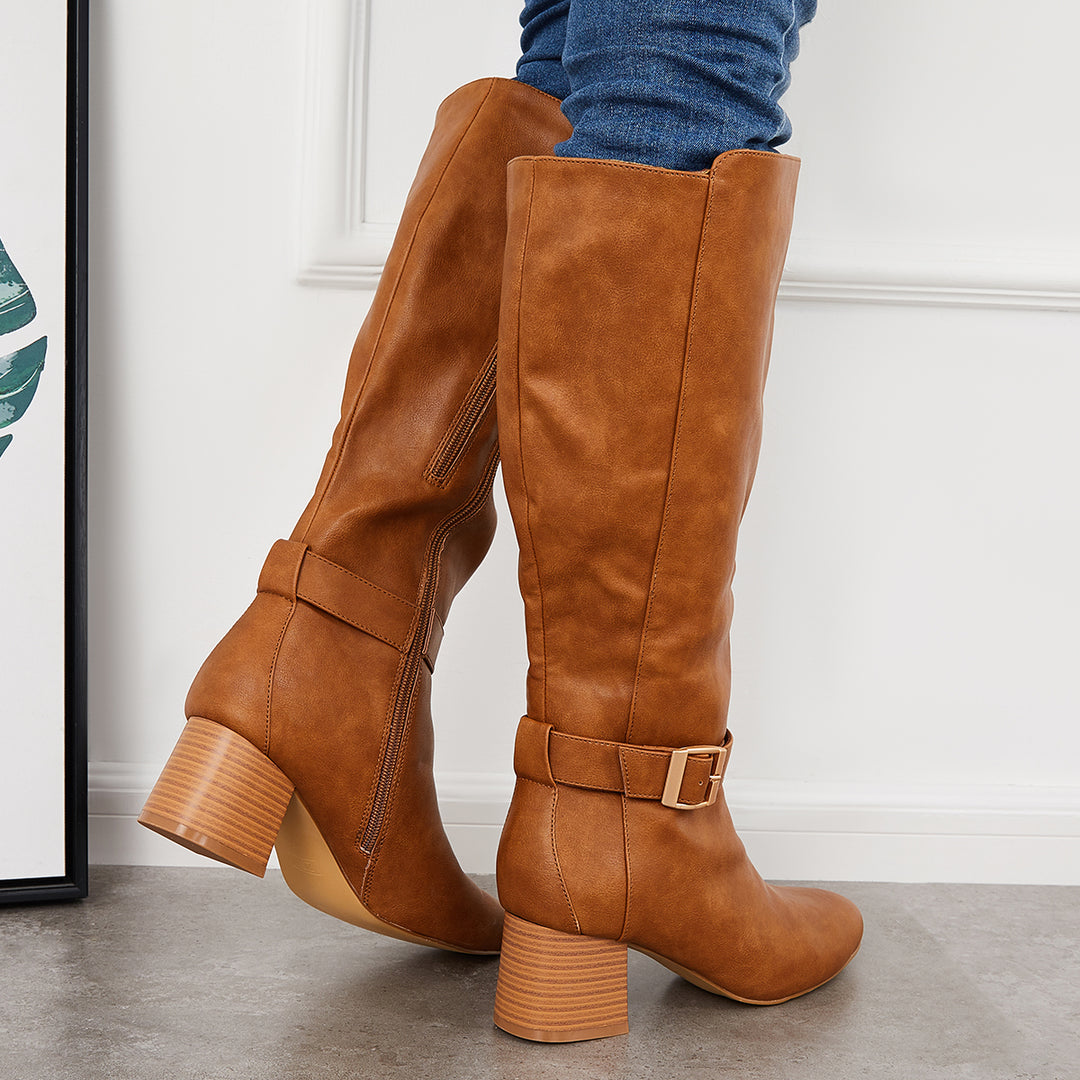 Buckle Knee High Riding Boots Chunky Block Heel Wide Calf Boots