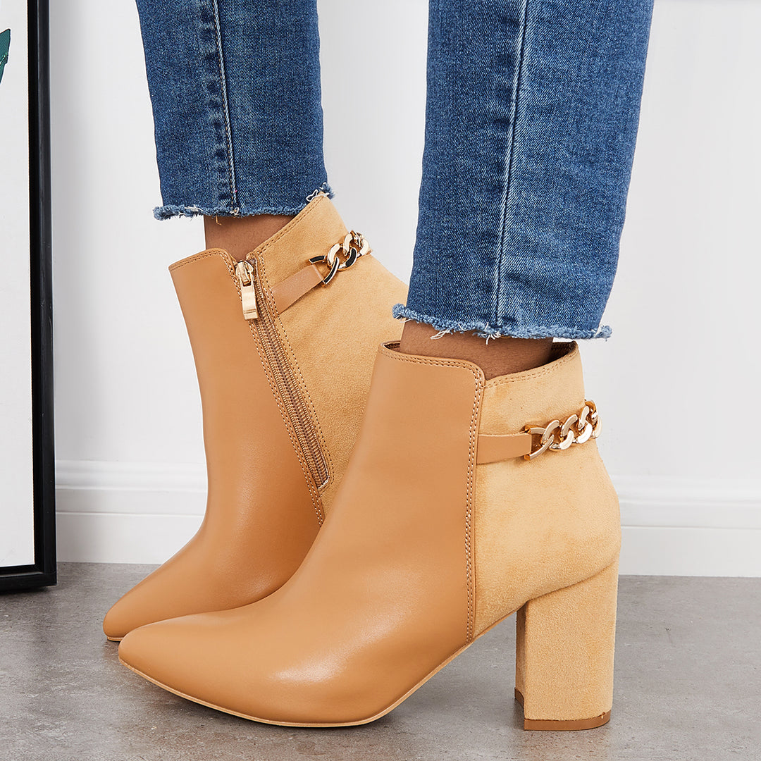 Splicing Chunky Heel Booties Pointed Toe Side Zip Ankle Boots