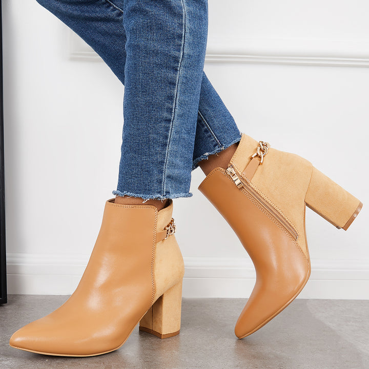 Splicing Chunky Heel Booties Pointed Toe Side Zip Ankle Boots