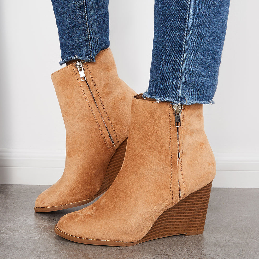 Wedge Ankle Boots Side Zipper Chunky Heel Fall Winter Booties
