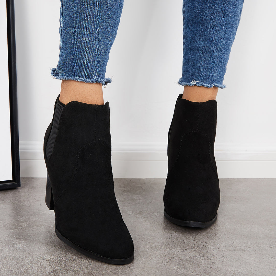 Pointed Toe Chunky High Heel Chelsea Ankle Boots Slip on Booties