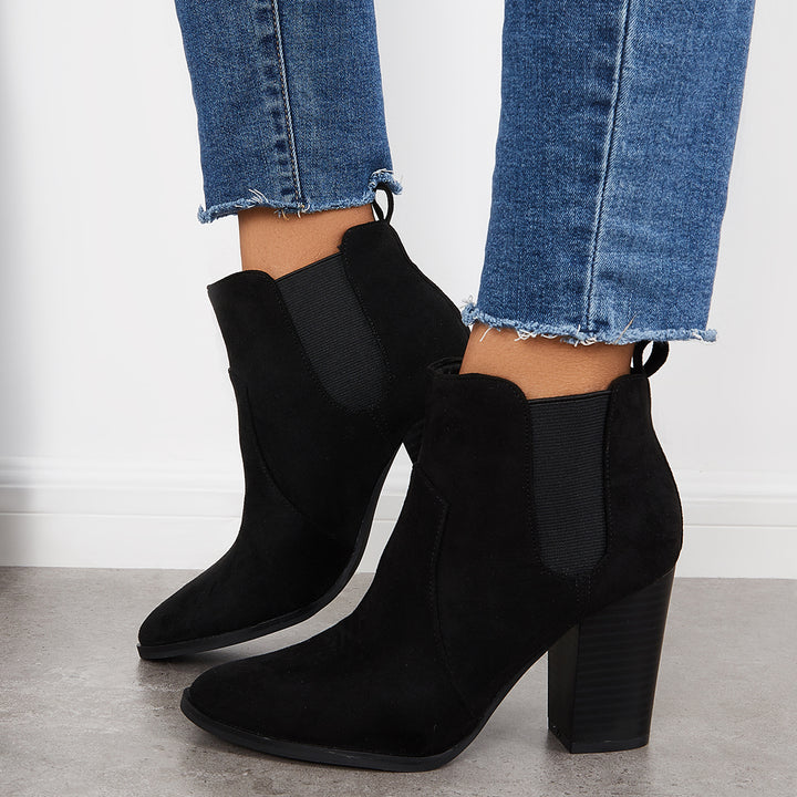 Pointed Toe Chunky High Heel Chelsea Ankle Boots Slip on Booties
