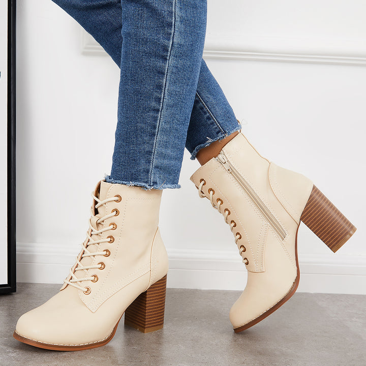 Square Toe Chunky Stacked Heel Booties Lace Up Ankle Boots