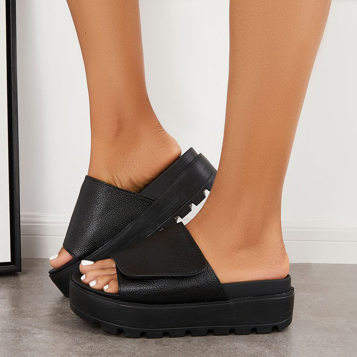 Velcro Non Slip Lug Sole Slides Slip on Platform Heel Sandals