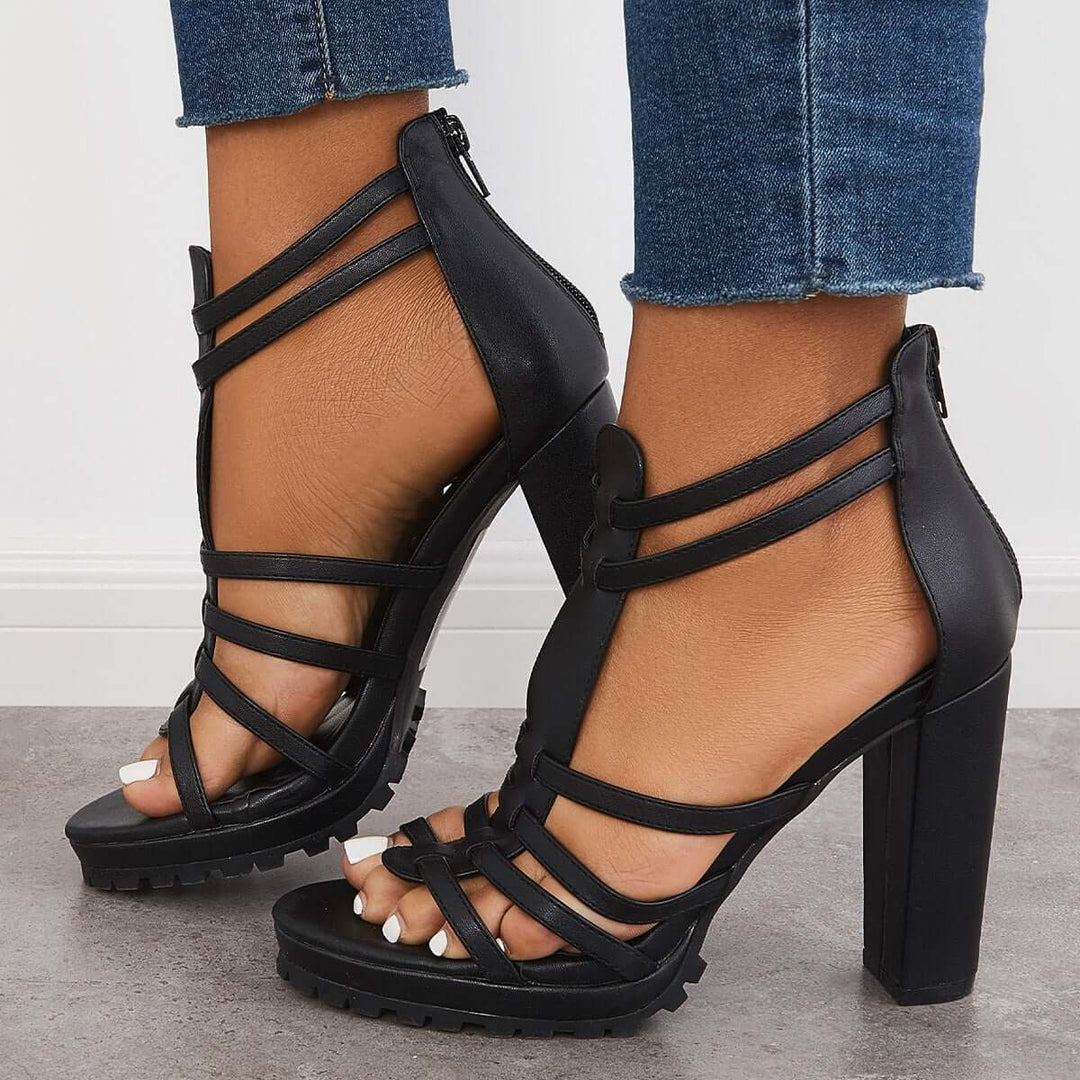 Open Toe Platform Chunky High Heels Ankle T-Strap Sandals