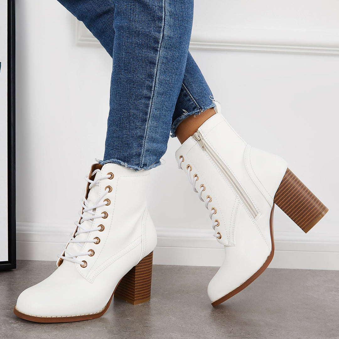 Square Toe Chunky Stacked Heel Booties Lace Up Ankle Boots