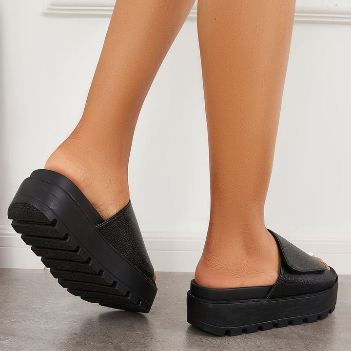 Velcro Non Slip Lug Sole Slides Slip on Platform Heel Sandals