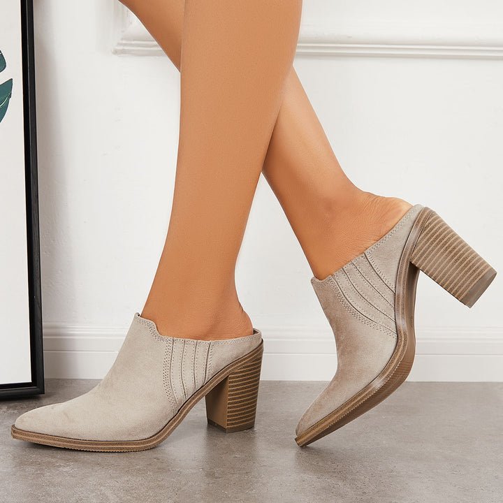 Pointed Toe Chunky Stacked Heel Mules Backless Western Boots