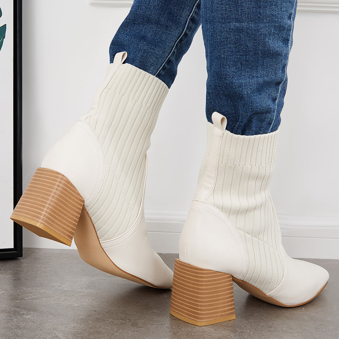 Knit Square Toe Sock Booties Stacked Chunky Heel Chelsea Boots