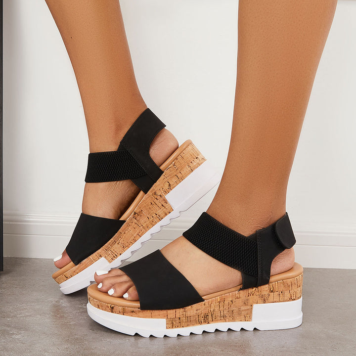 Stretchy Cork Sole Platform Wedges Velcro Elastic Strap Sandals