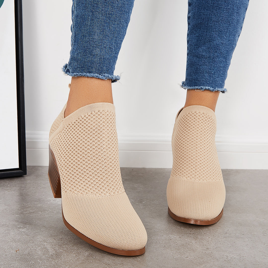 Stretched Knit Sock Booties V Cut Stacked Heel Ankle Boots