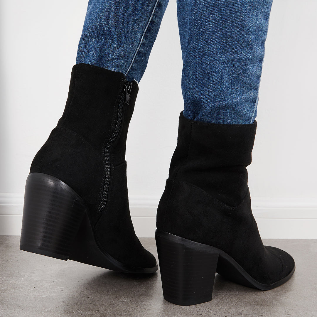 Women Square Toe Ankle Boots Chunky Heel Side Zipper Booties