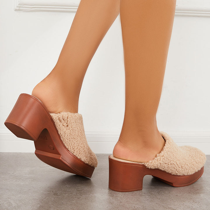 Platform Chunky Heel Mules Boots Closed Toe Slip on Shoes