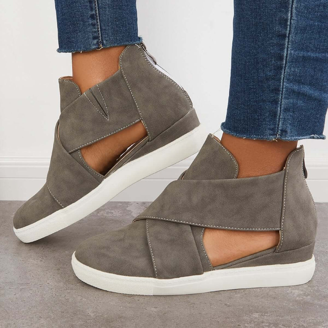 Stylish Crisscross Platform Wedge Sneakers Closed Toe Cut Out Shoes