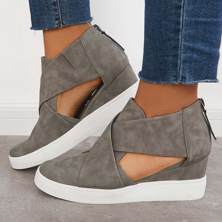 Casual Wedge Sneakers Platform Crisscross Cut Out Shoes