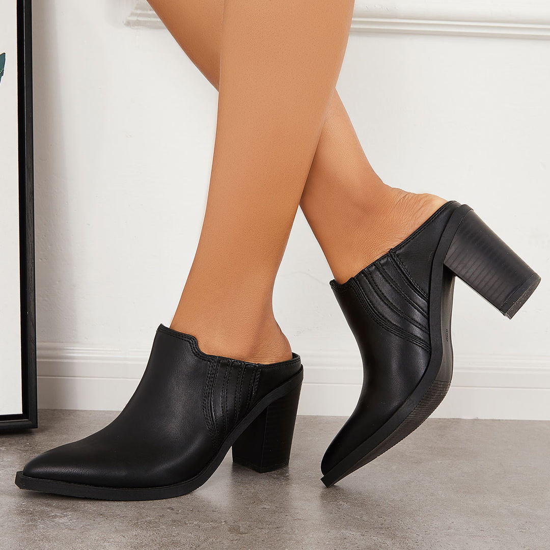 Pointed Toe Chunky Stacked Heel Mules Backless Western Boots