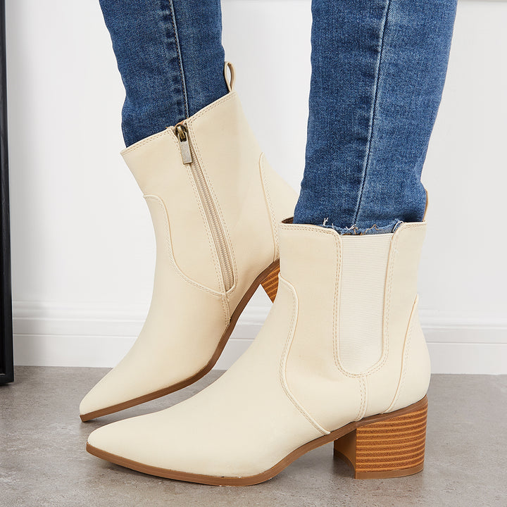 Pointed Toe Western Cowboy Booties Chunky Heel Chelsea Ankle Boots