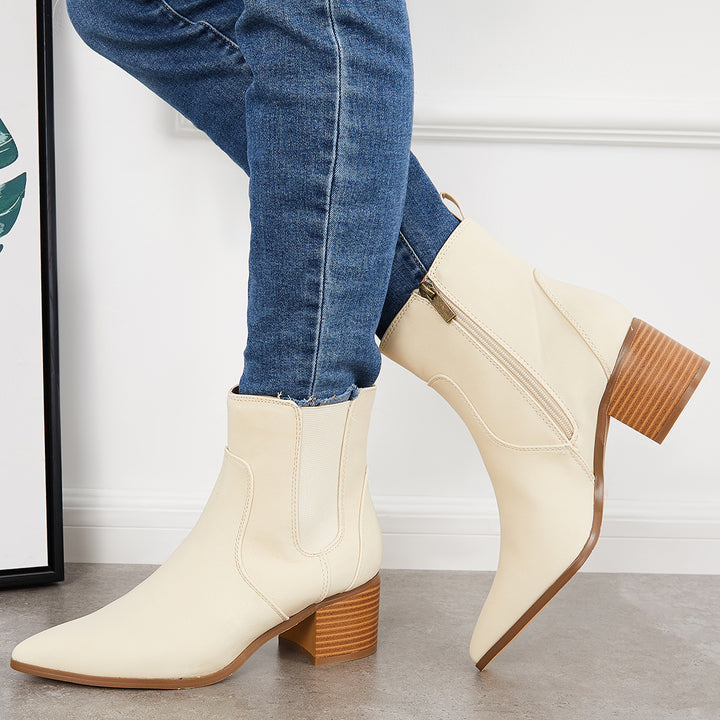 Pointed Toe Western Cowboy Booties Chunky Heel Chelsea Ankle Boots
