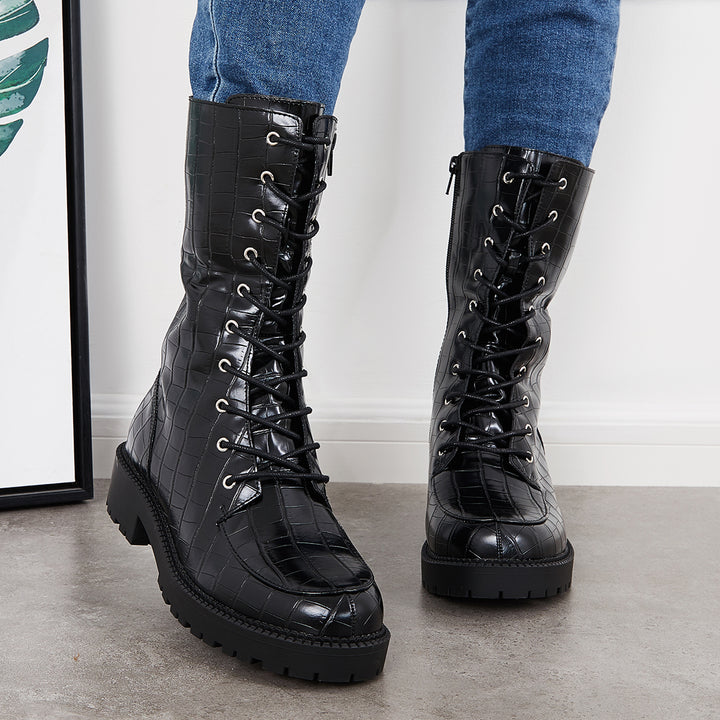 Women Mid Calf Lace Up Boots Lug Sole Military Combat Booties