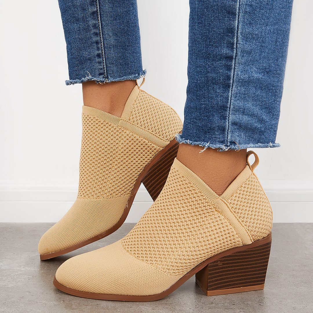 Stretched Knit Sock Booties V Cut Stacked Heel Ankle Boots
