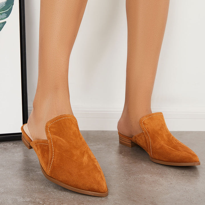 Chunky Low Heel Mules Slip on Pointed Toe Loafers Shoes