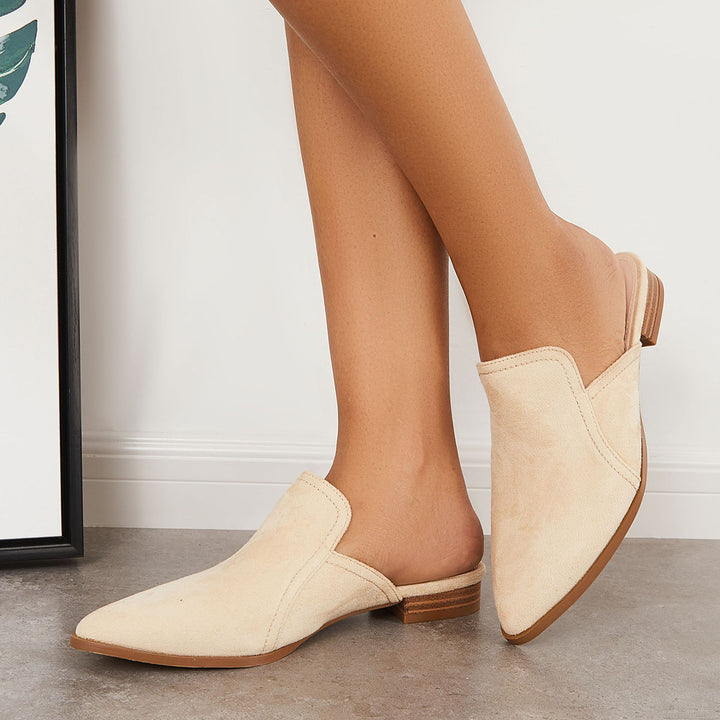 Chunky Low Heel Mules Slip on Pointed Toe Loafers Shoes