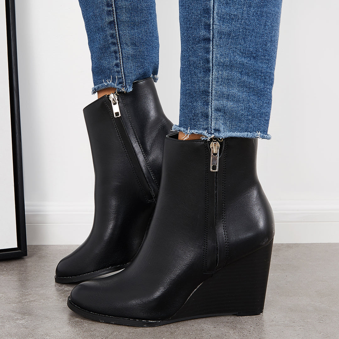 Wedge Ankle Boots Side Zipper Chunky Heel Fall Winter Booties