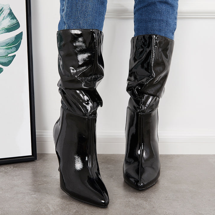 Slouch Patent Leather Mid Calf Boots Pointed Toe Stiletto Heel Booties