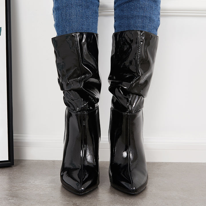 Slouch Patent Leather Mid Calf Boots Pointed Toe Stiletto Heel Booties