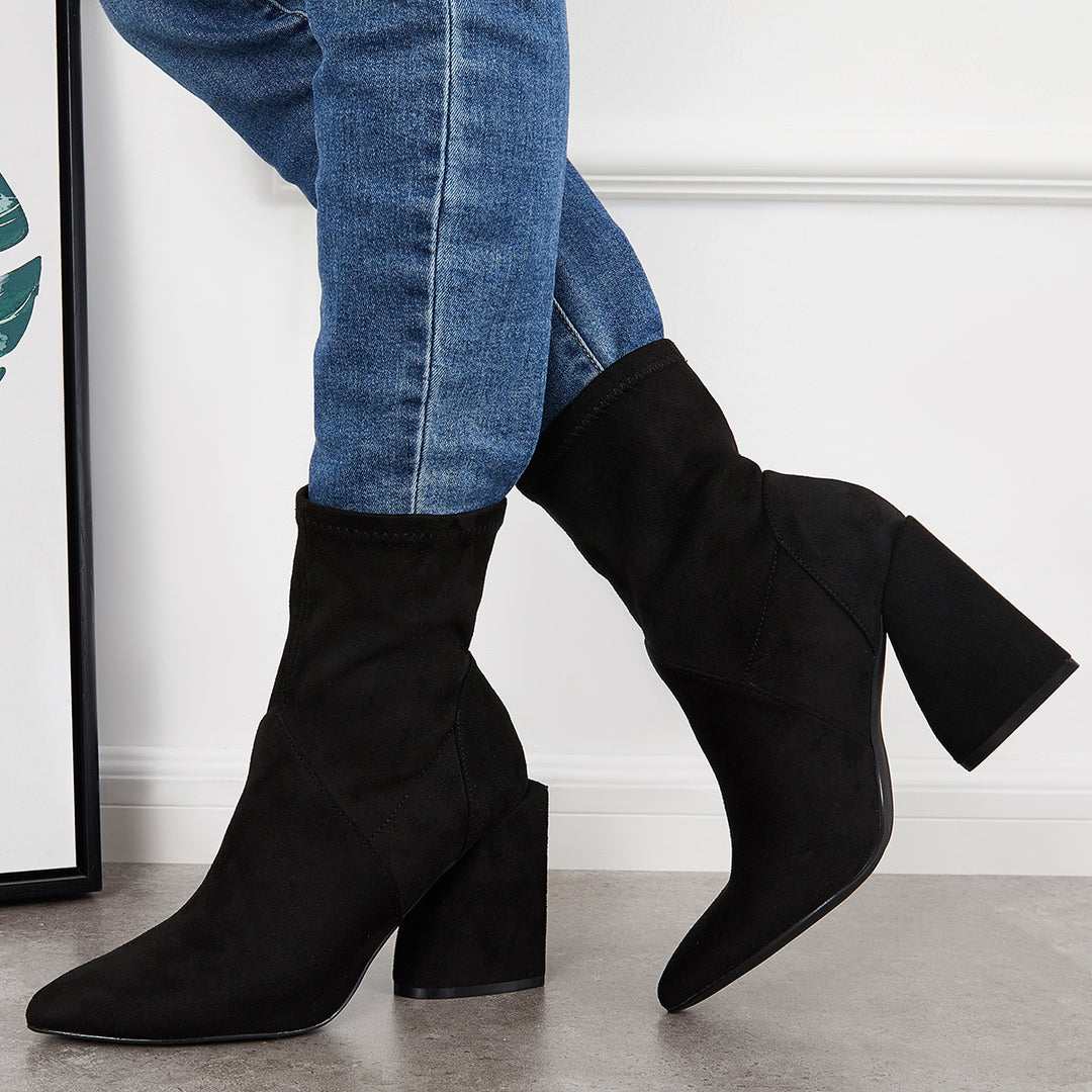 Women Block Heel Foldable Ankle Boots Slip on Sock Booties
