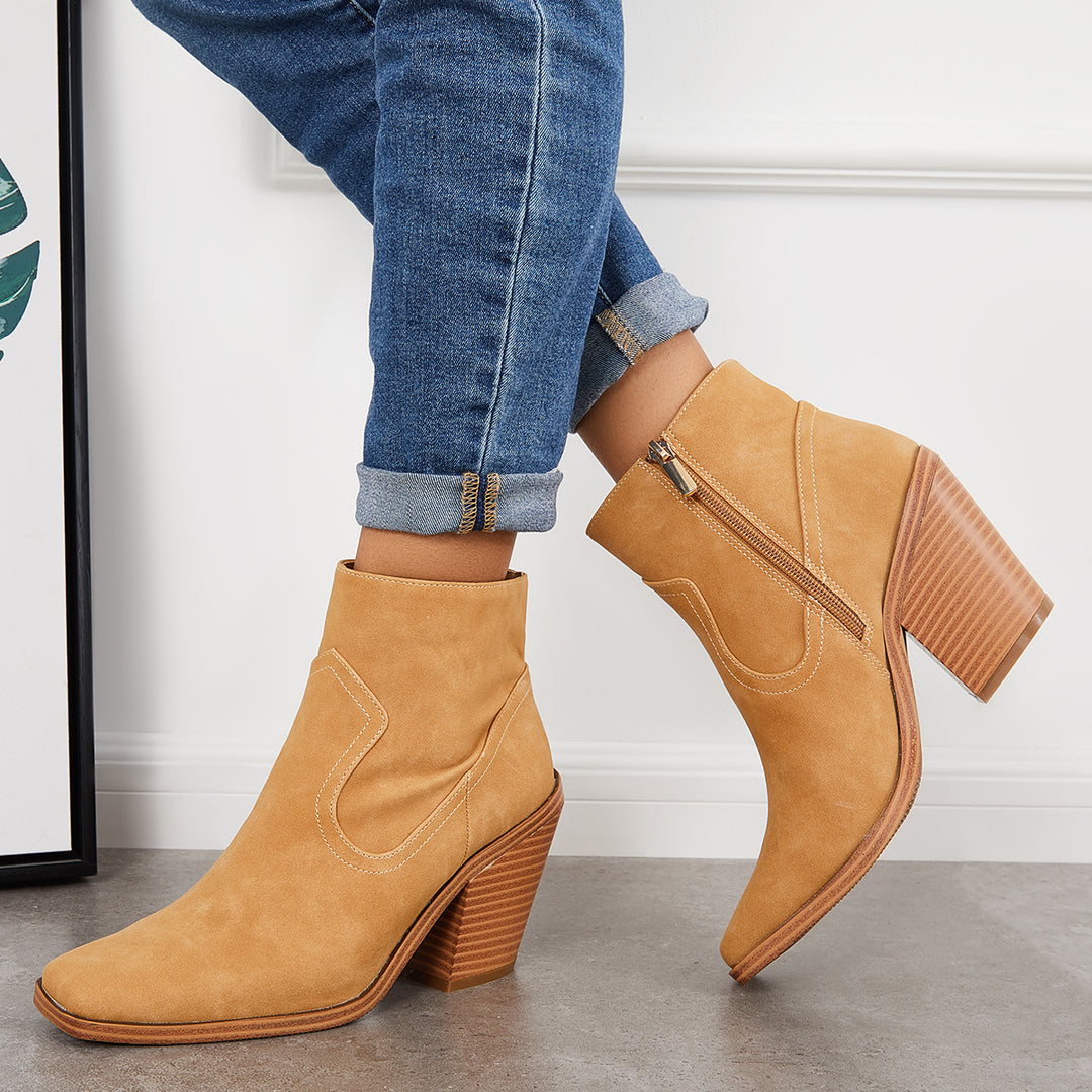 Square Toe Ankle Boots Chunky Stacked Heel Western Cowboy Booties