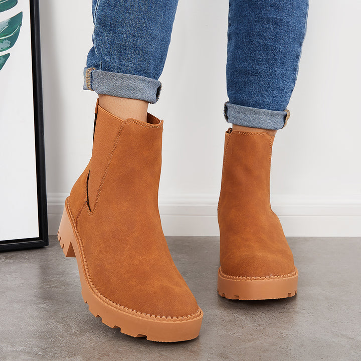 Round Toe Platform Chelsea Boots Chunky Block Heel Ankle Booties