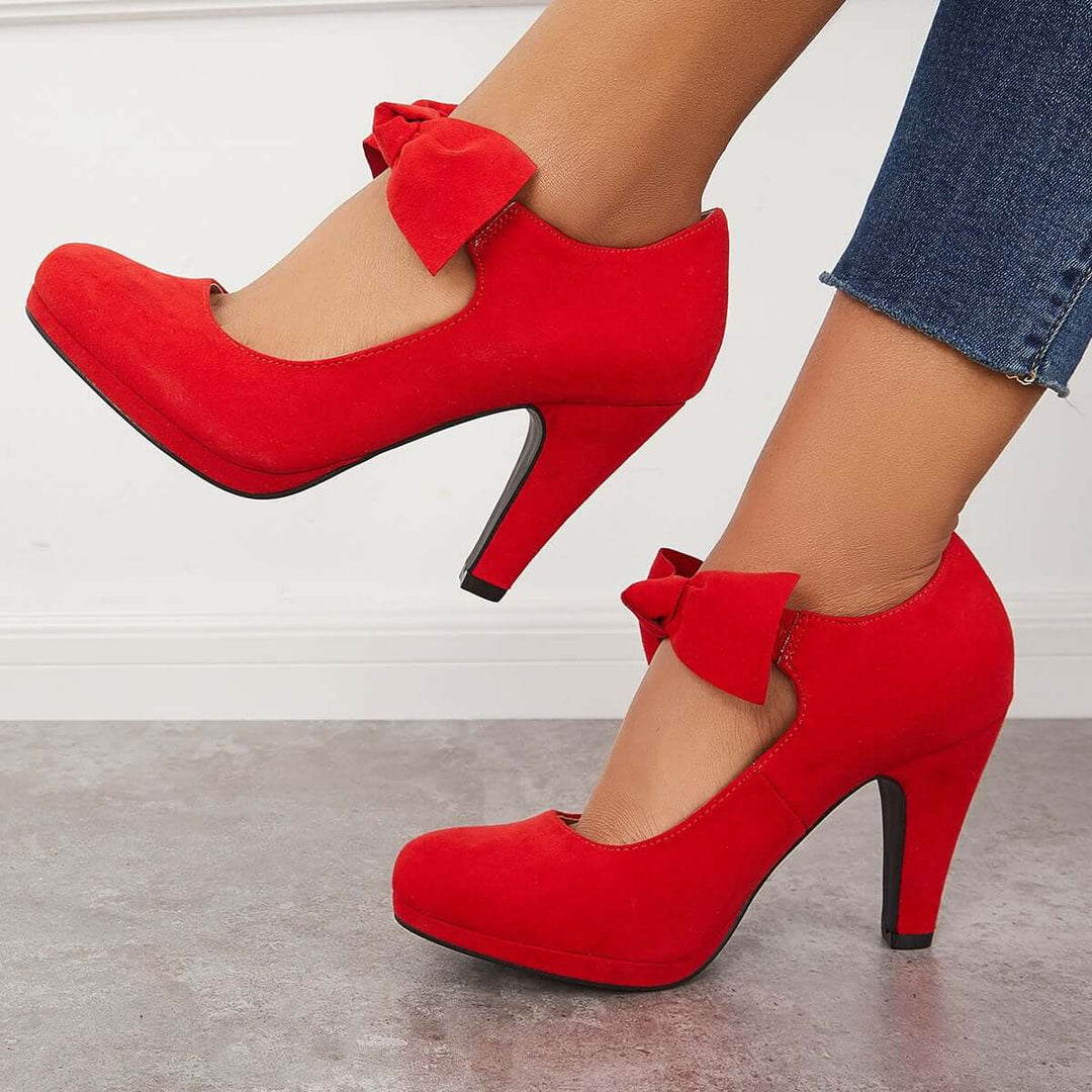 Thick Heel Mary Jane Pumps Bowknot Round Toe Ankle Strap Heels